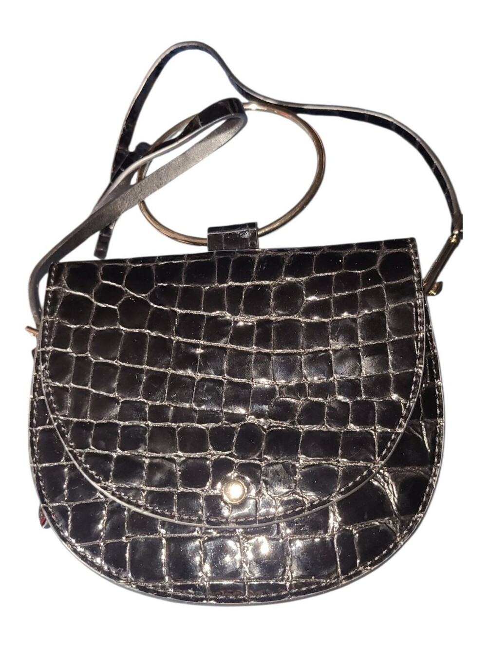 Theory Whitney Black Leather Crossbody Gold Hoop - Rare Crocodile Effect - Picture 4 of 12